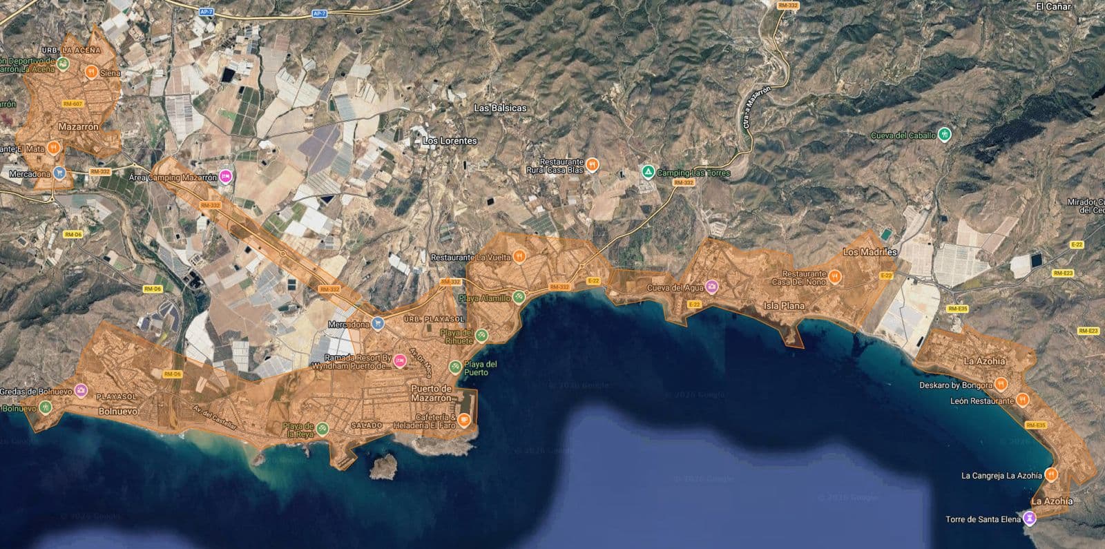 Mapa de la zona de cobertura de fibra de Wimaz en Mazarrón, Puerto de Mazarrón y La Azohía